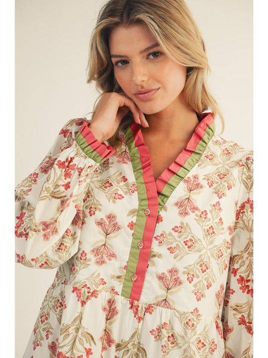 Floral Print Ruffle Trim Dress