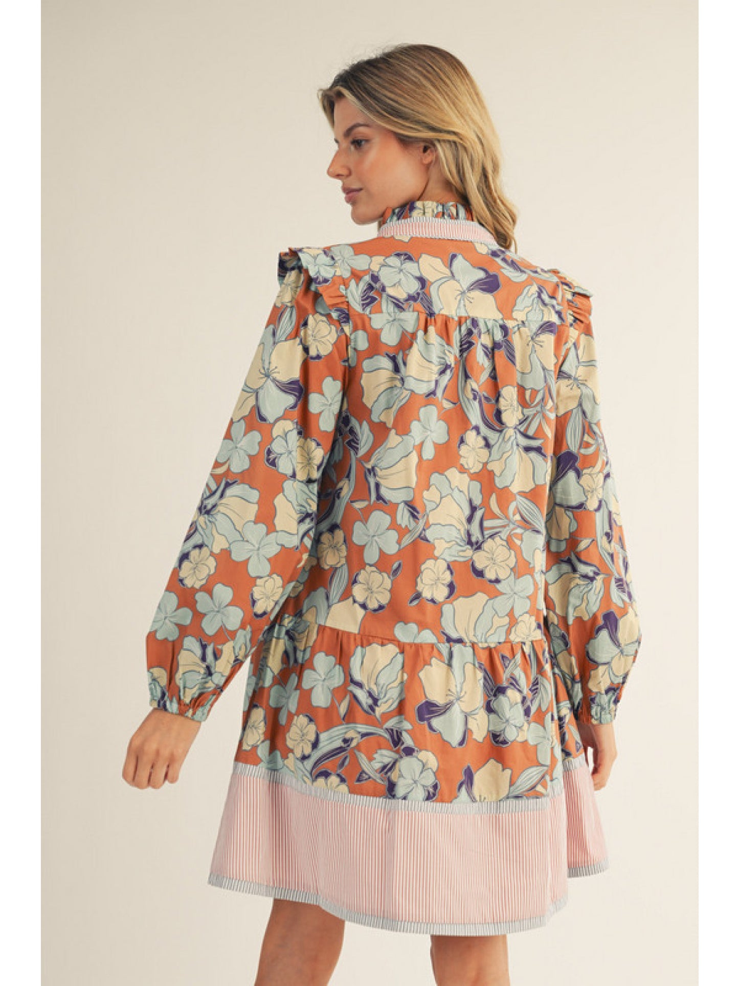 Floral & Stripe Ruffle Collar Dress