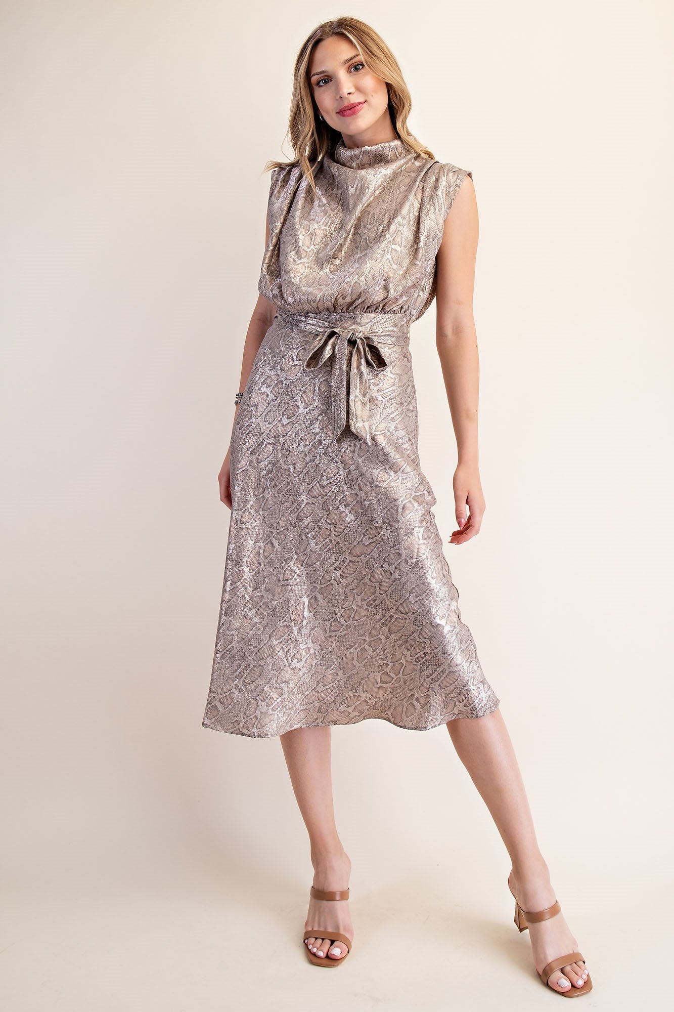 Mock Neck Metalic Pythonic Print Dress