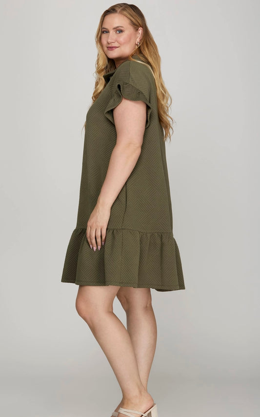 Ruffle sleeve zip, quilted mini dress with pockets