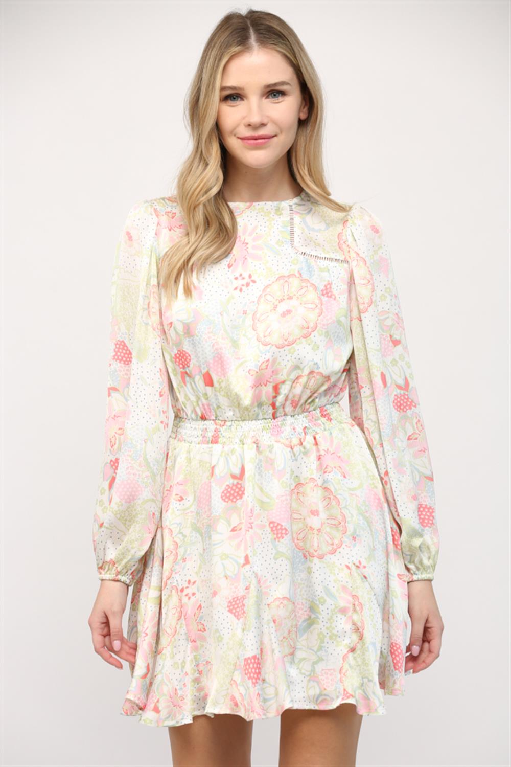Floral Pastel Long-Sleeve Mini Dress