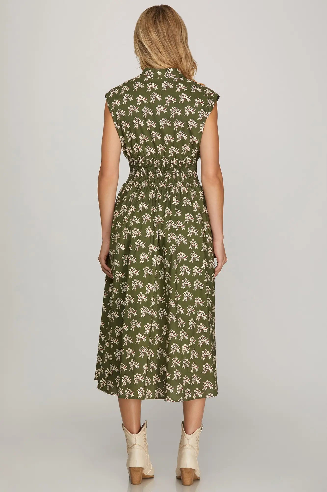 Olive Floral Zip-Front Midi Dress