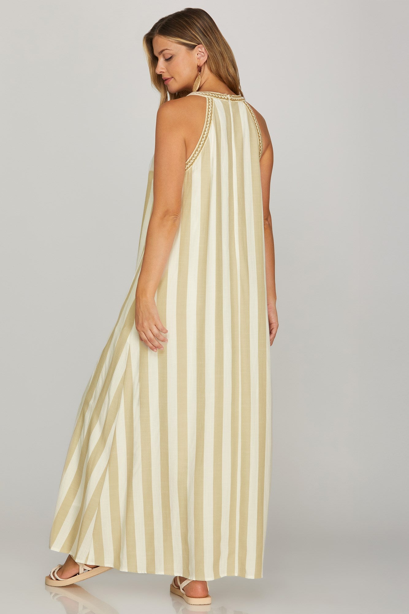 Seaside Stripes Sleeveless Halter Maxi Dress with Pockets
