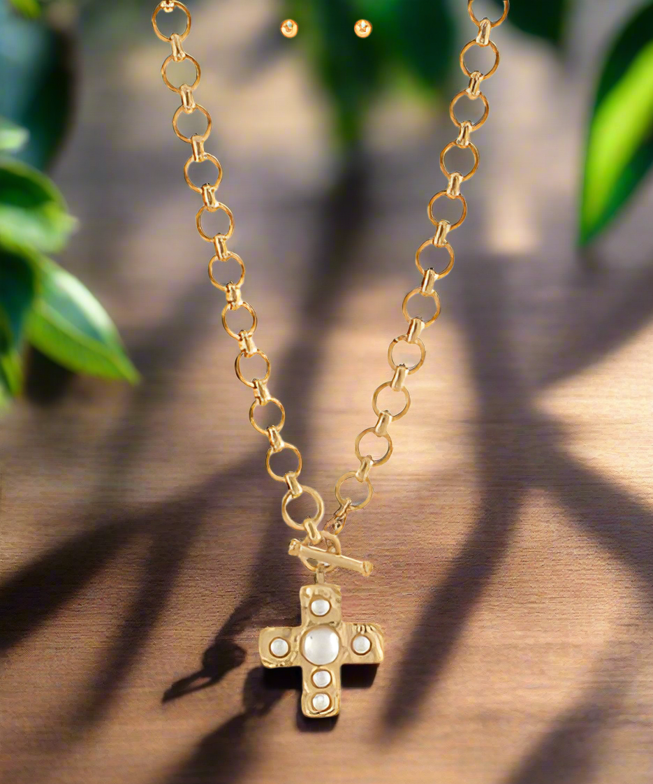 Gold Cross Pendant with Pearl Detail