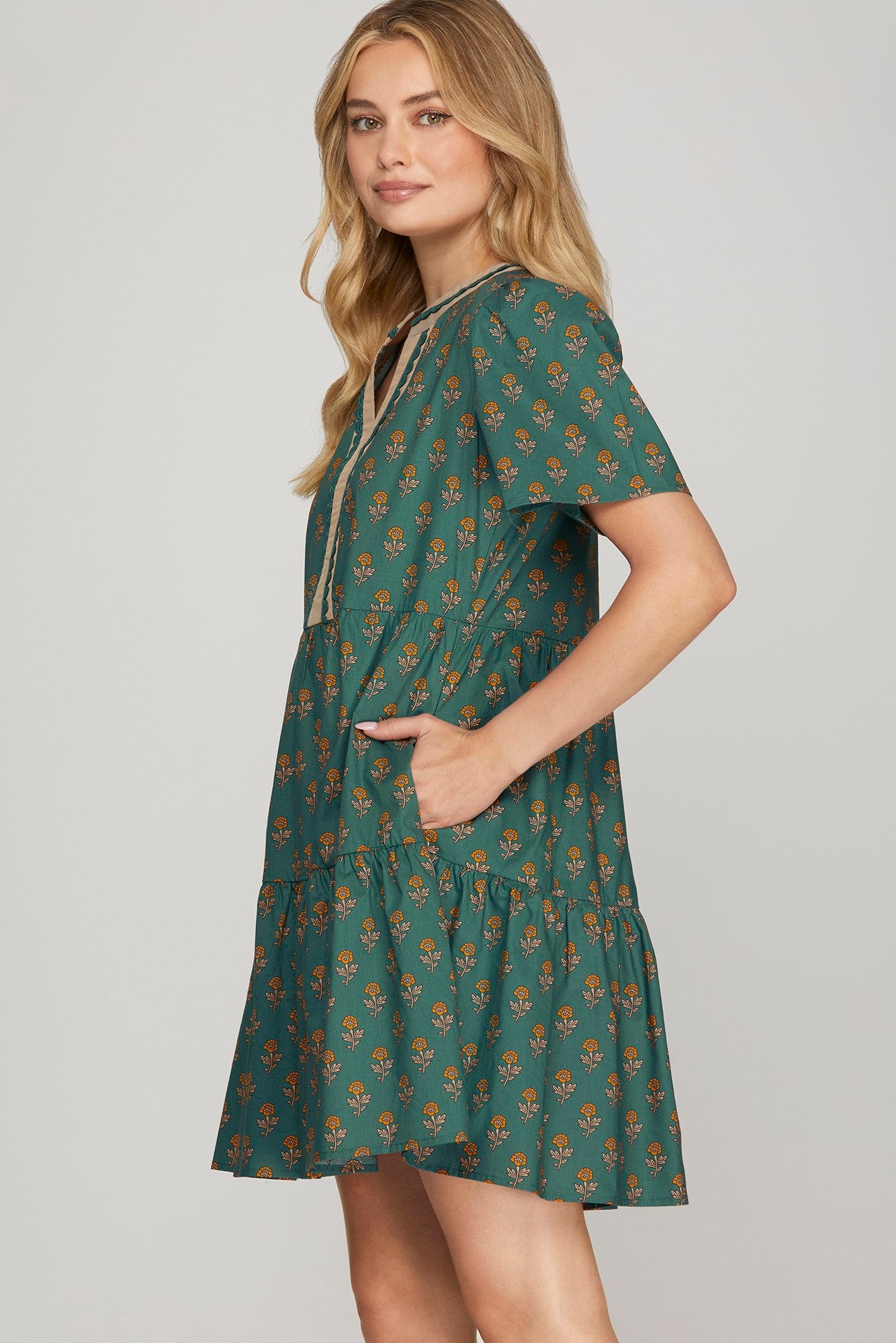Southern Charm Tiered Mini Dress – Green Floral