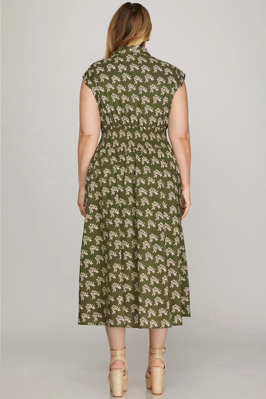 Plus Olive Floral Zip-Front Midi Dress