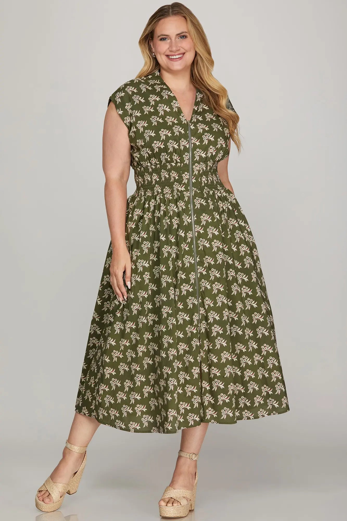Plus Olive Floral Zip-Front Midi Dress