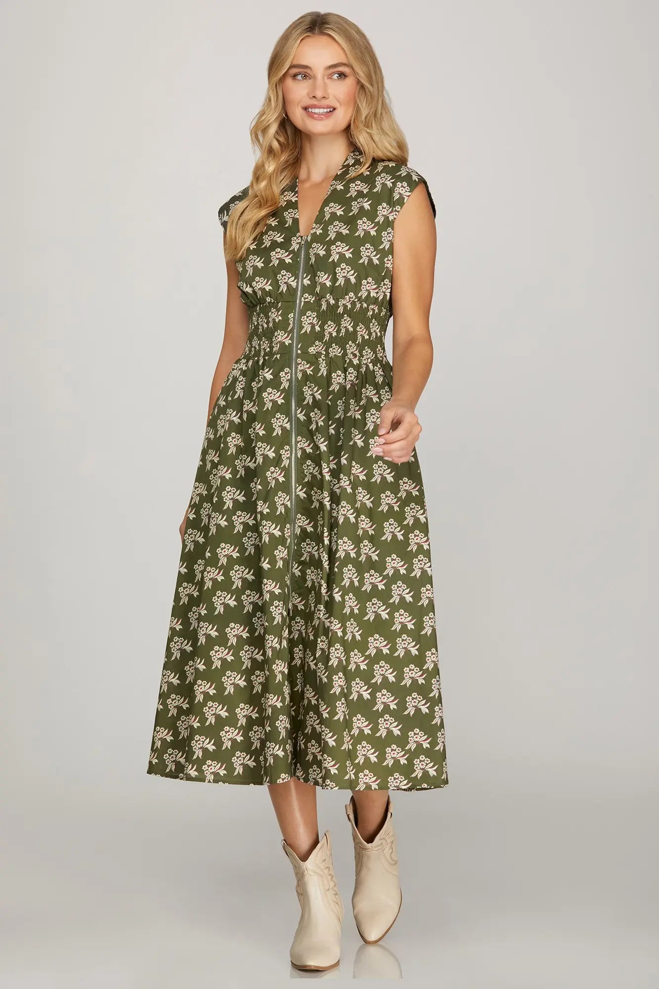 Olive Floral Zip-Front Midi Dress
