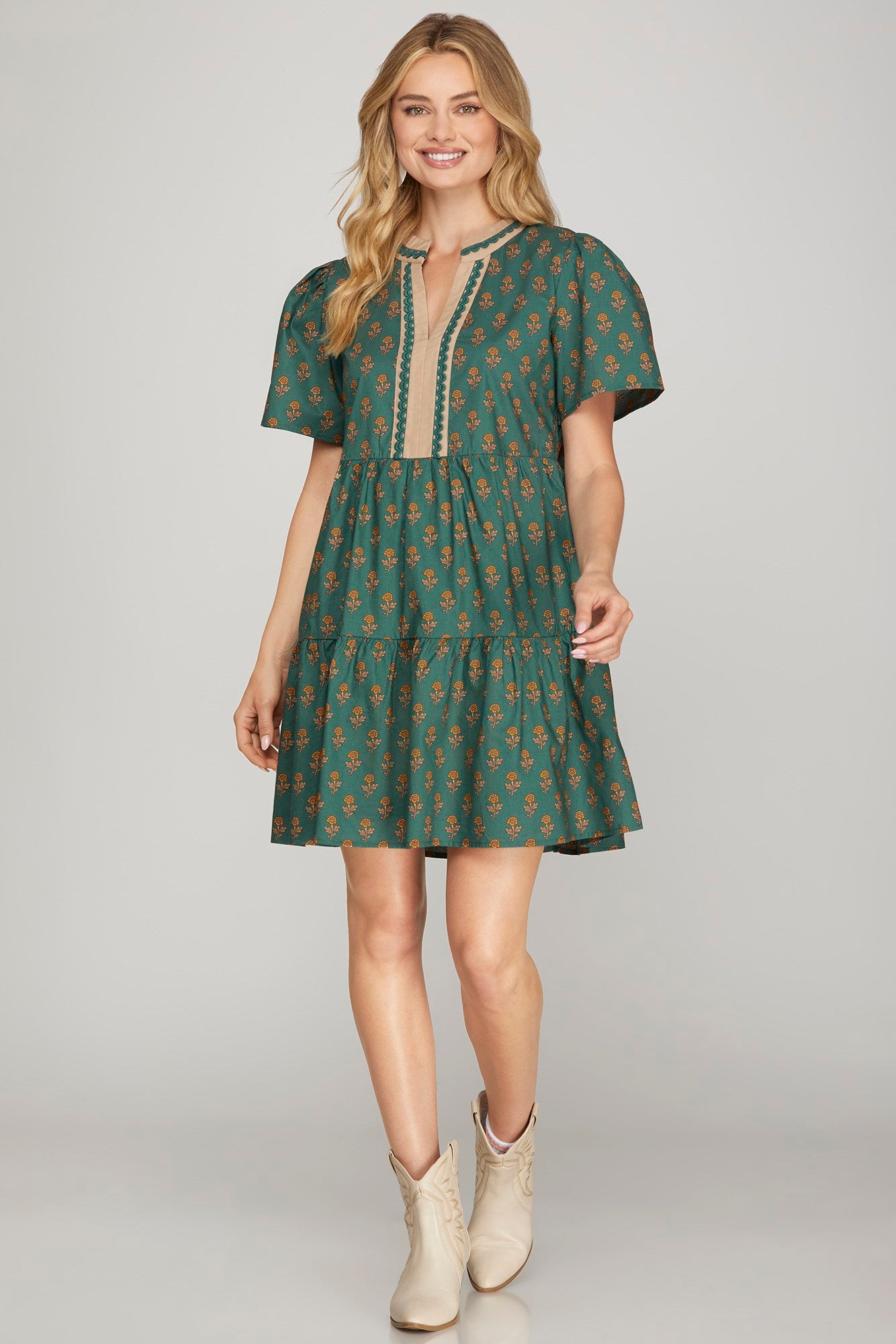 Southern Charm Tiered Mini Dress – Green Floral
