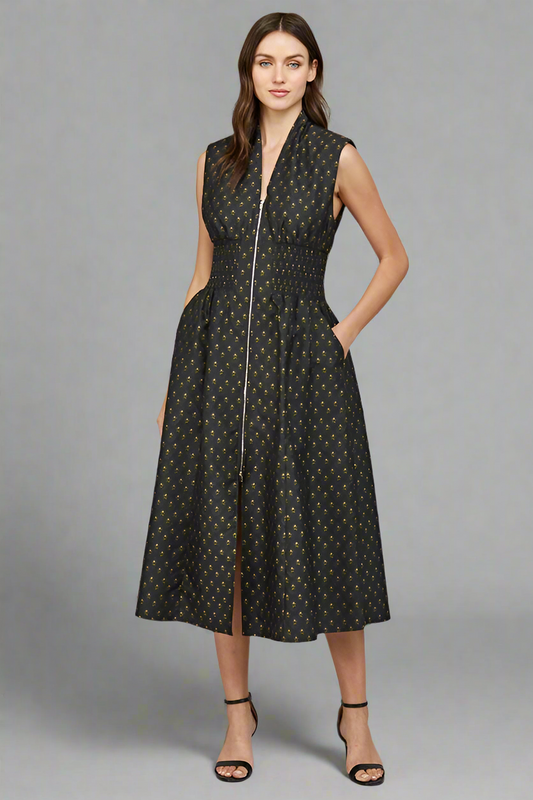 V-Neckline Front Zip-Up Midi Dress