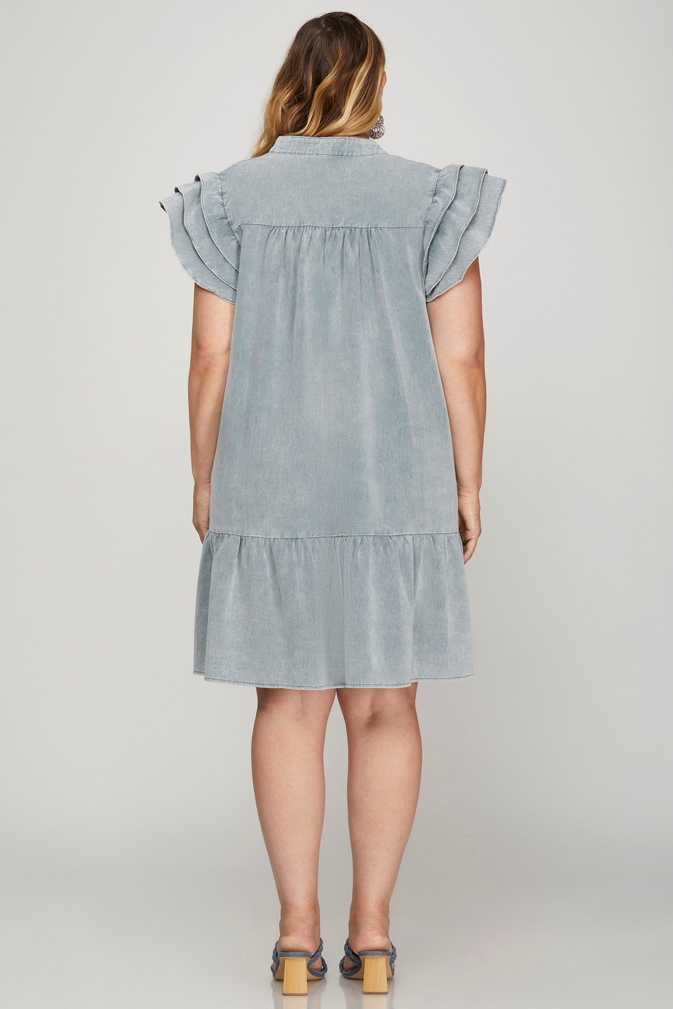 Ruffled Sleeve Wash V Neck Woven Dress