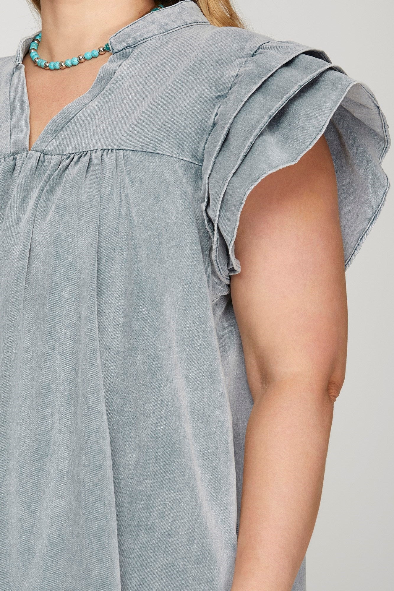 Ruffled Sleeve Wash V Neck Woven Dress