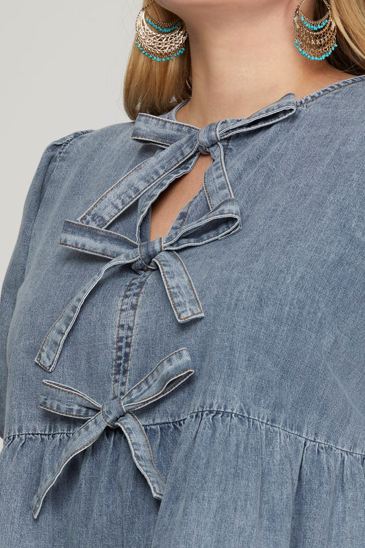 Denim Blouse with Bow