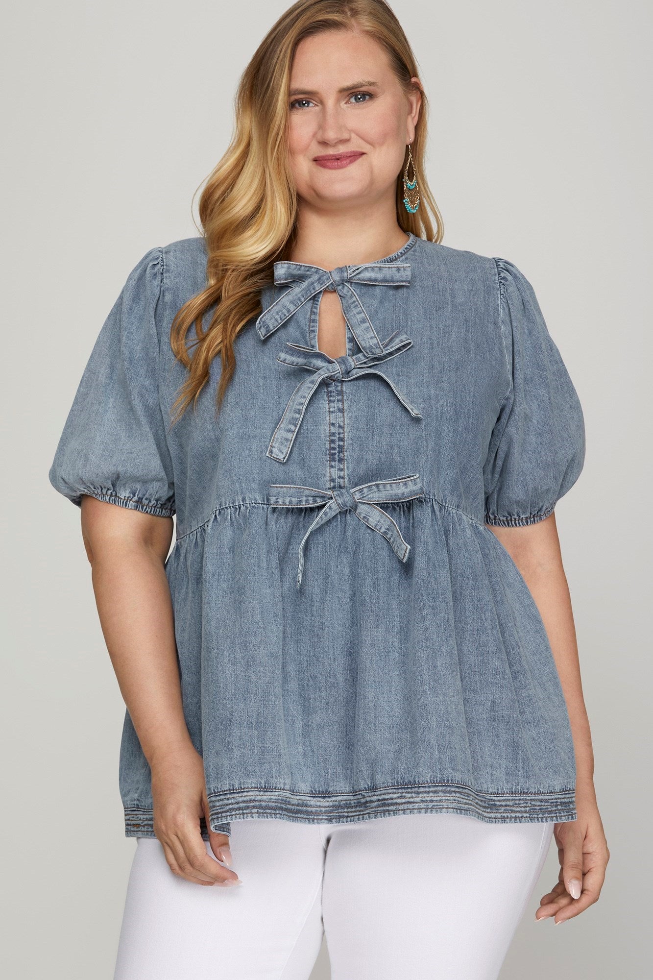 Denim Blouse with Bow