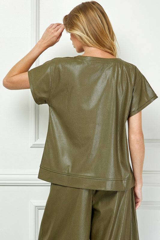 Olive Faux Leather Short Sleeve Tops
