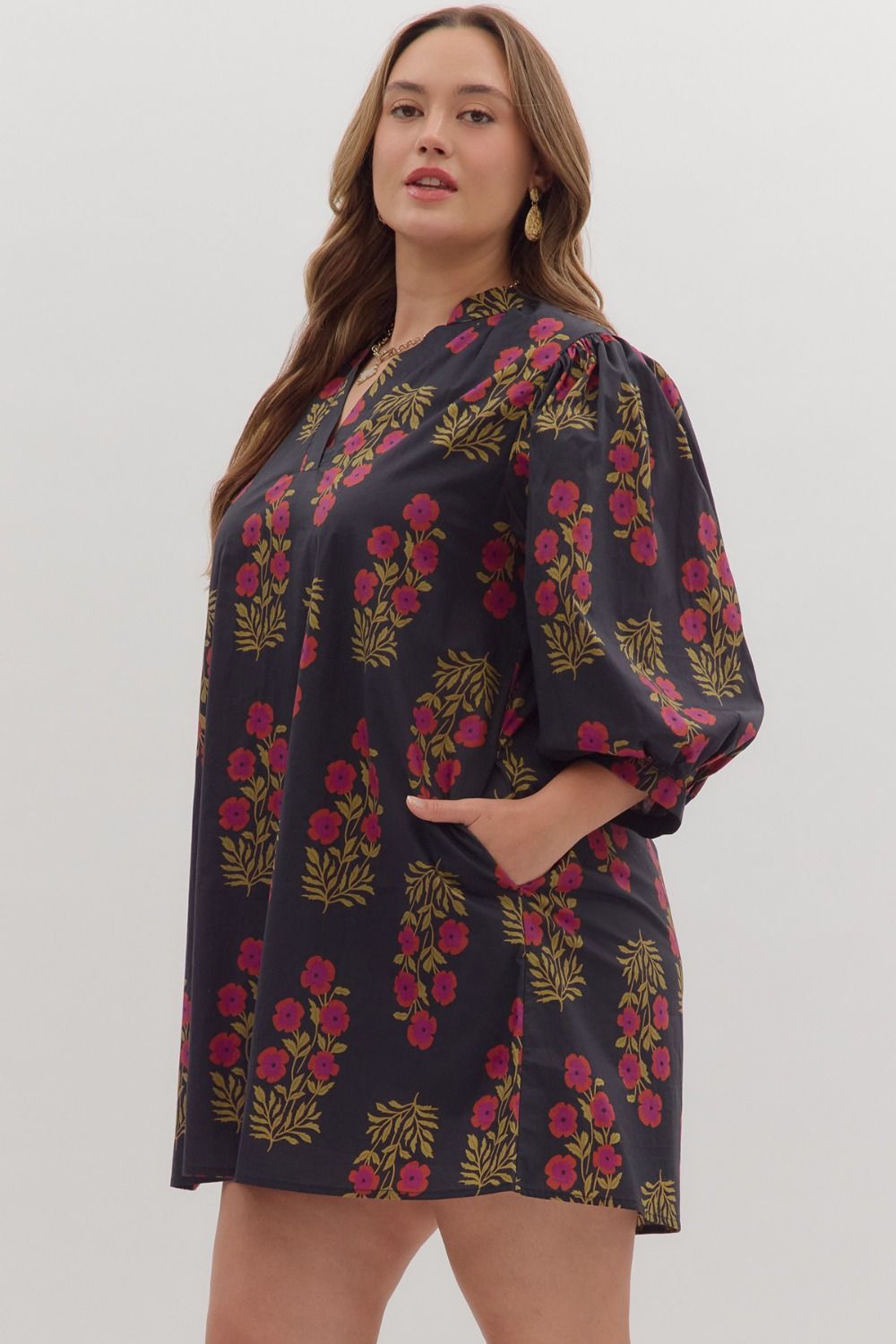 Midnight Meadow Floral Puff Sleeve Dress