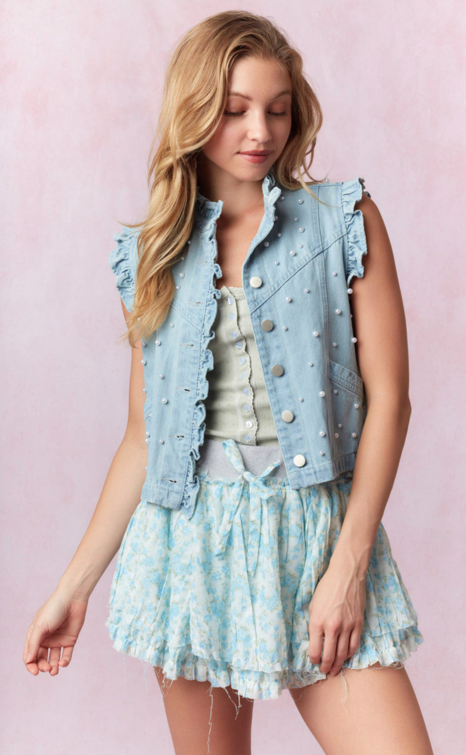 Ruffle with Pearl Detail Washed Denim Crop Vest