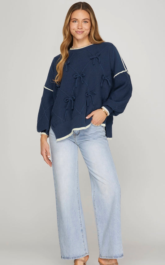 Navy Sweet Bow Knit Sweater