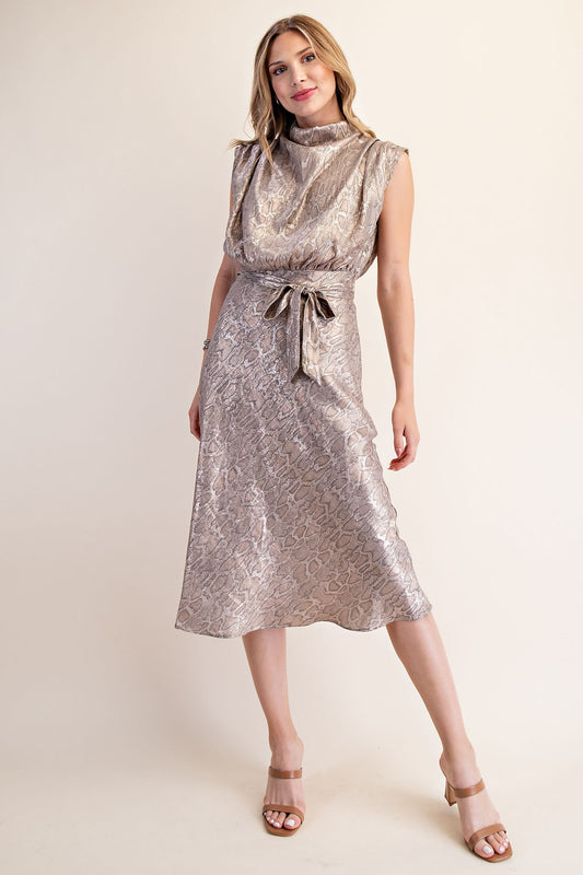Mock Neck Metalic Pythonic Print Dress