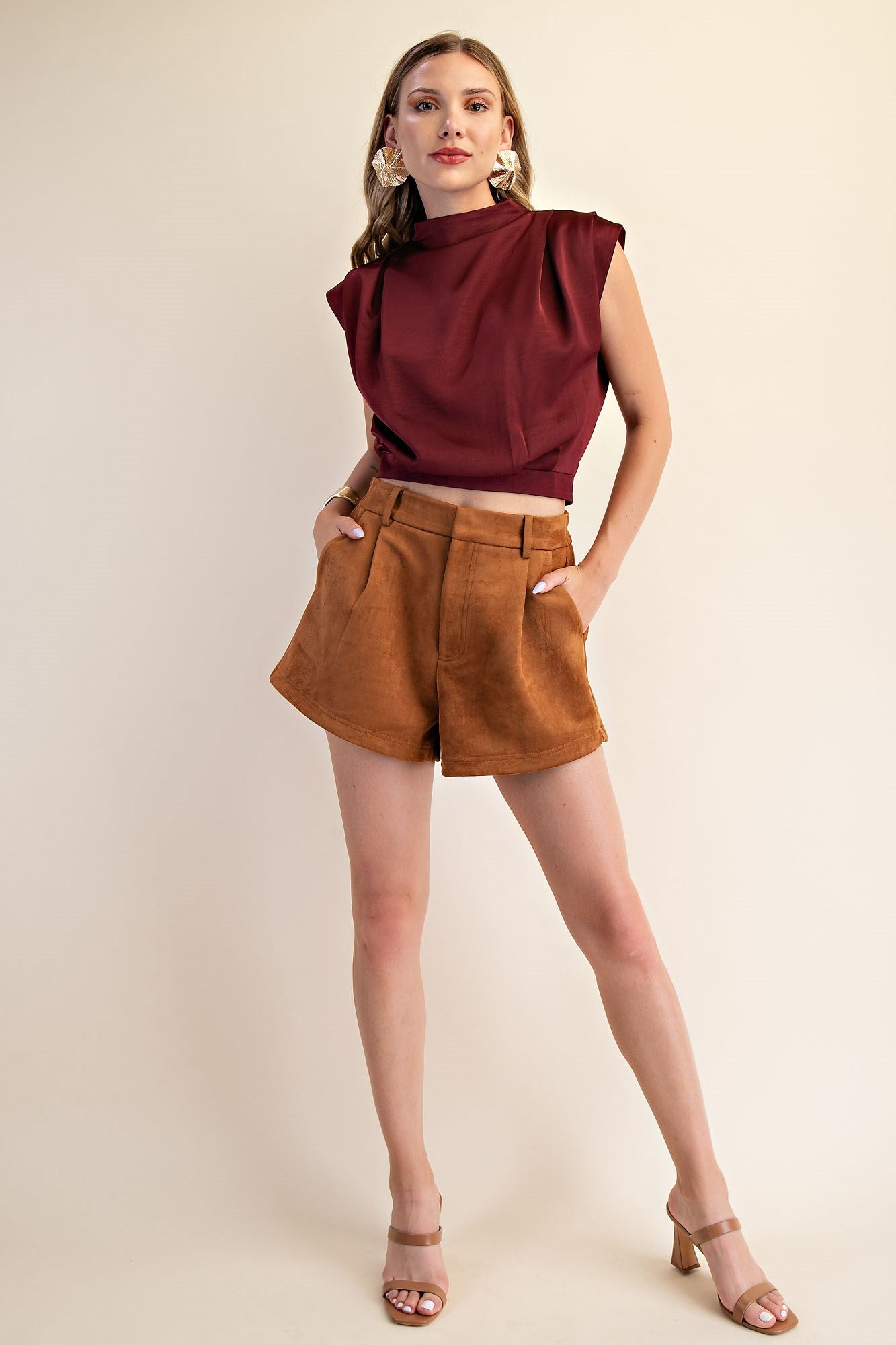 High Waist Cognac Suede Shorts