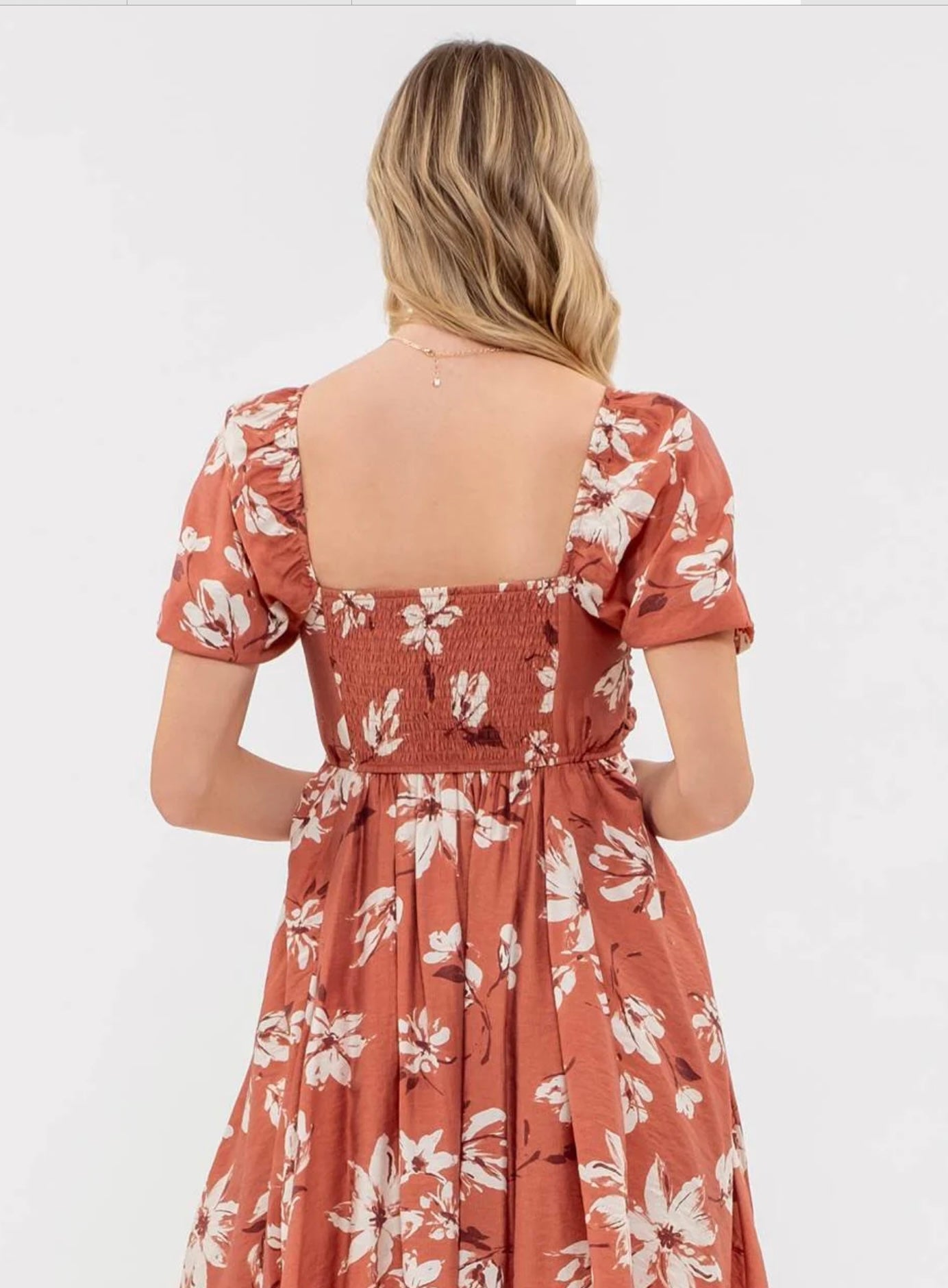 Rust Floral Puff Sleeve Midi Dress