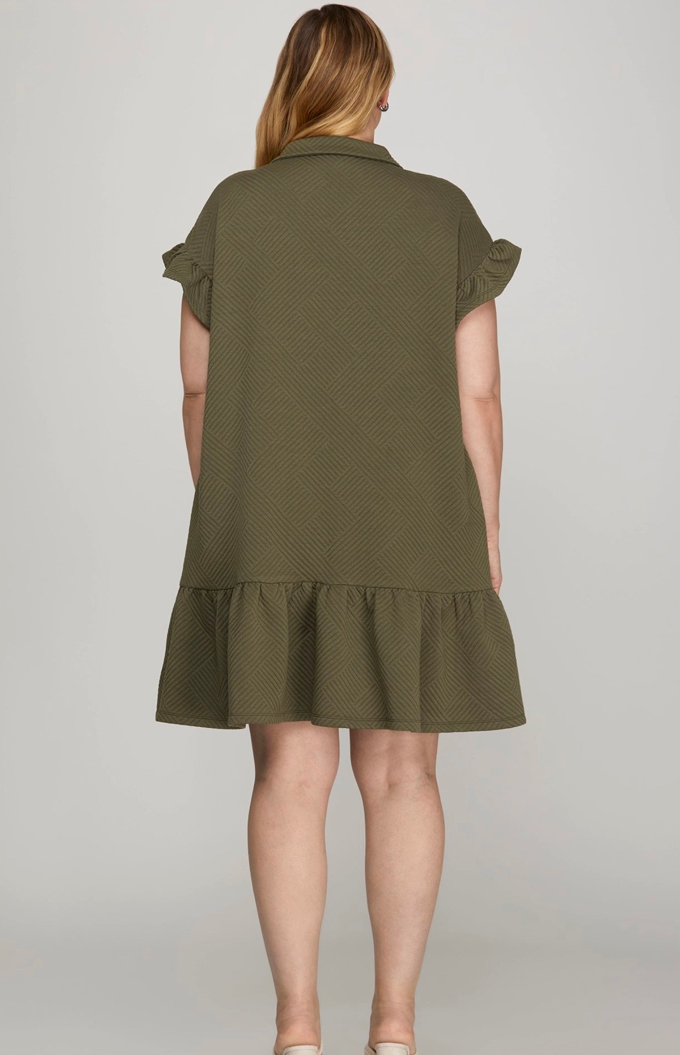 Ruffle sleeve zip, quilted mini dress with pockets