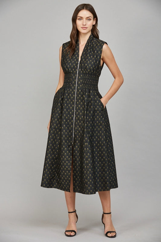 V-Neckline Front Zip-Up Midi Dress