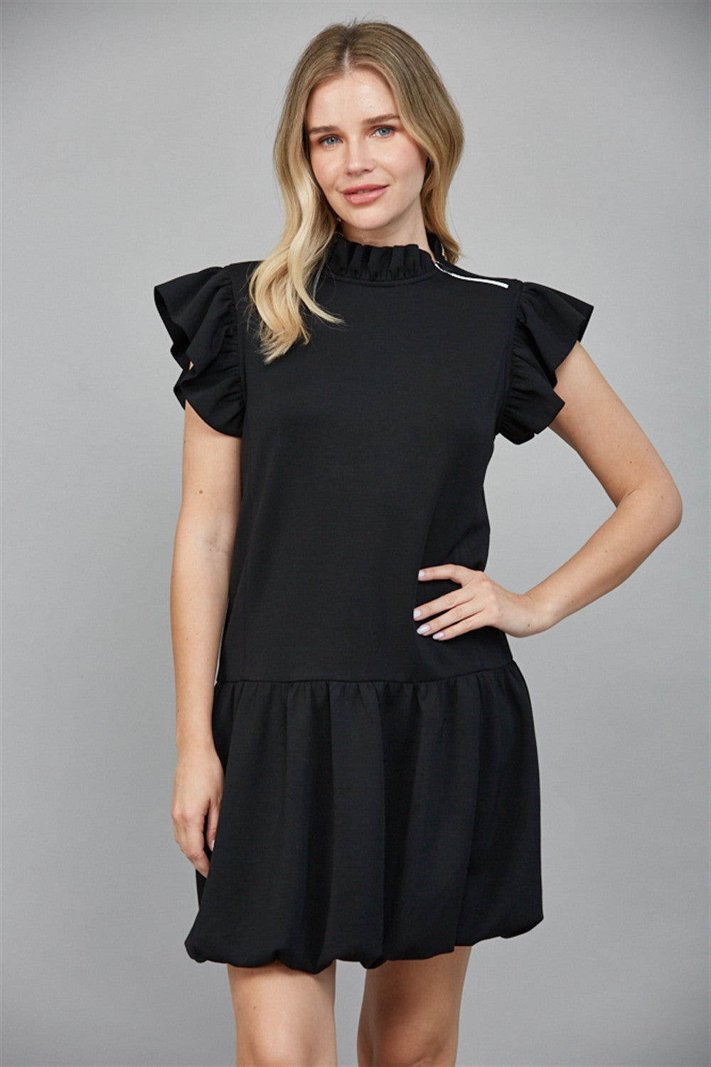 Zip Trim Ruffle High Neck Bubble Hem Dress