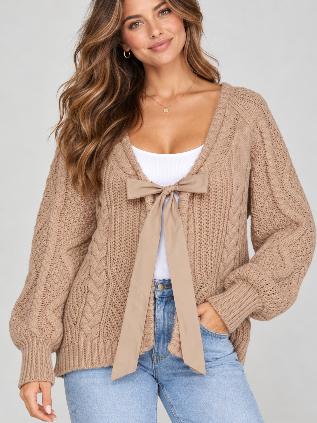 The Elowen Ribbon-Tie Cable Knit Sweater