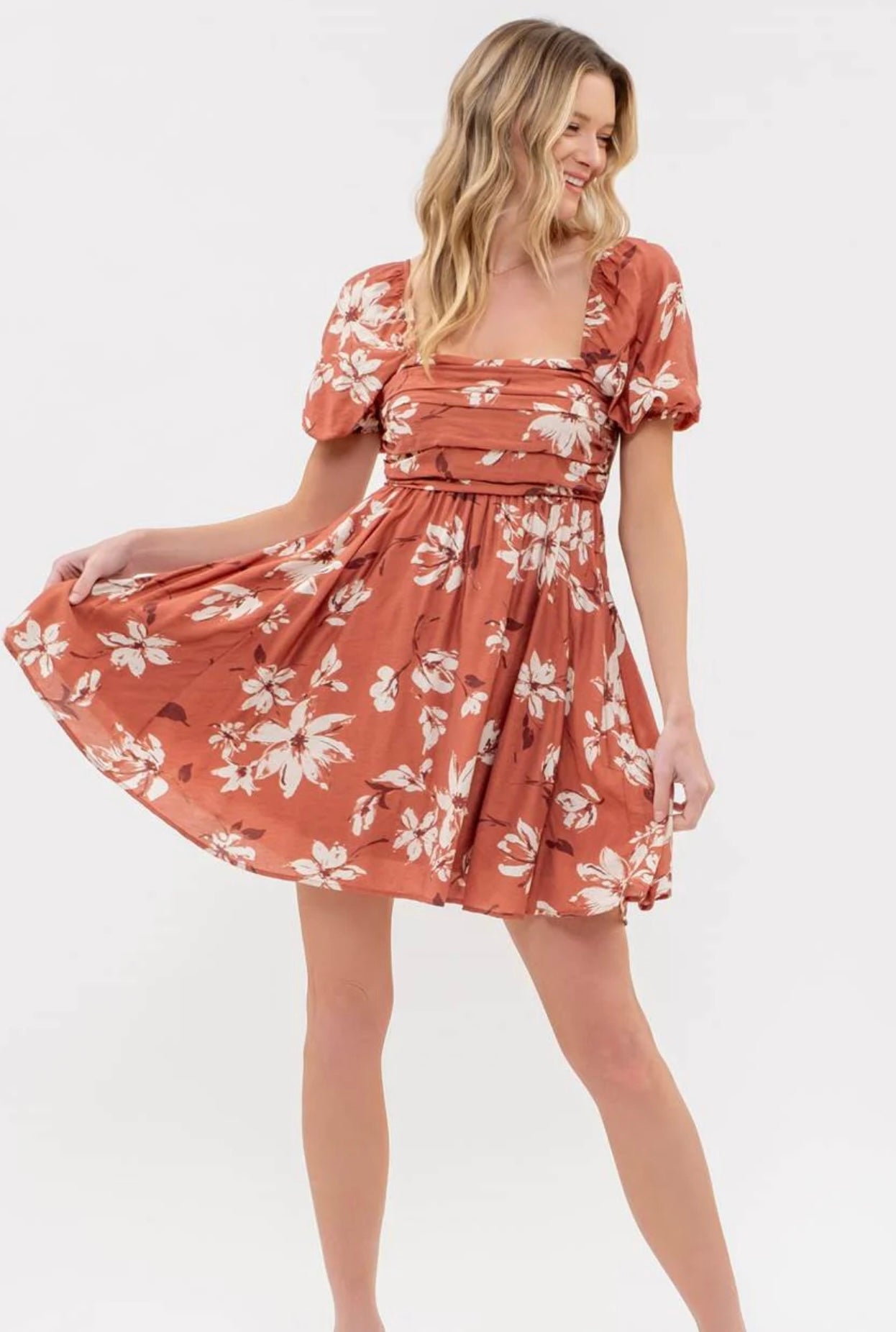 Rust Floral Puff Sleeve Midi Dress