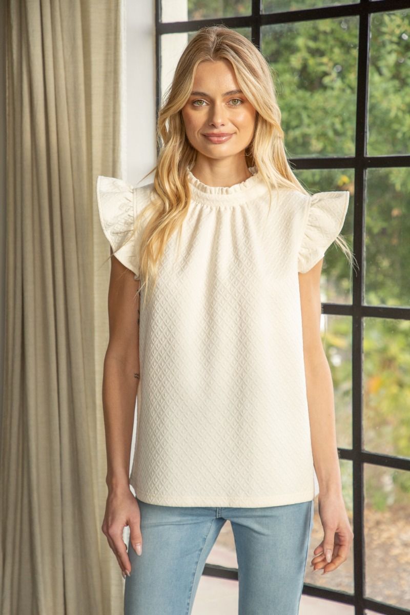 RUFFLE SLEEVE TIE BACK STRIPE TEXTURED TOP