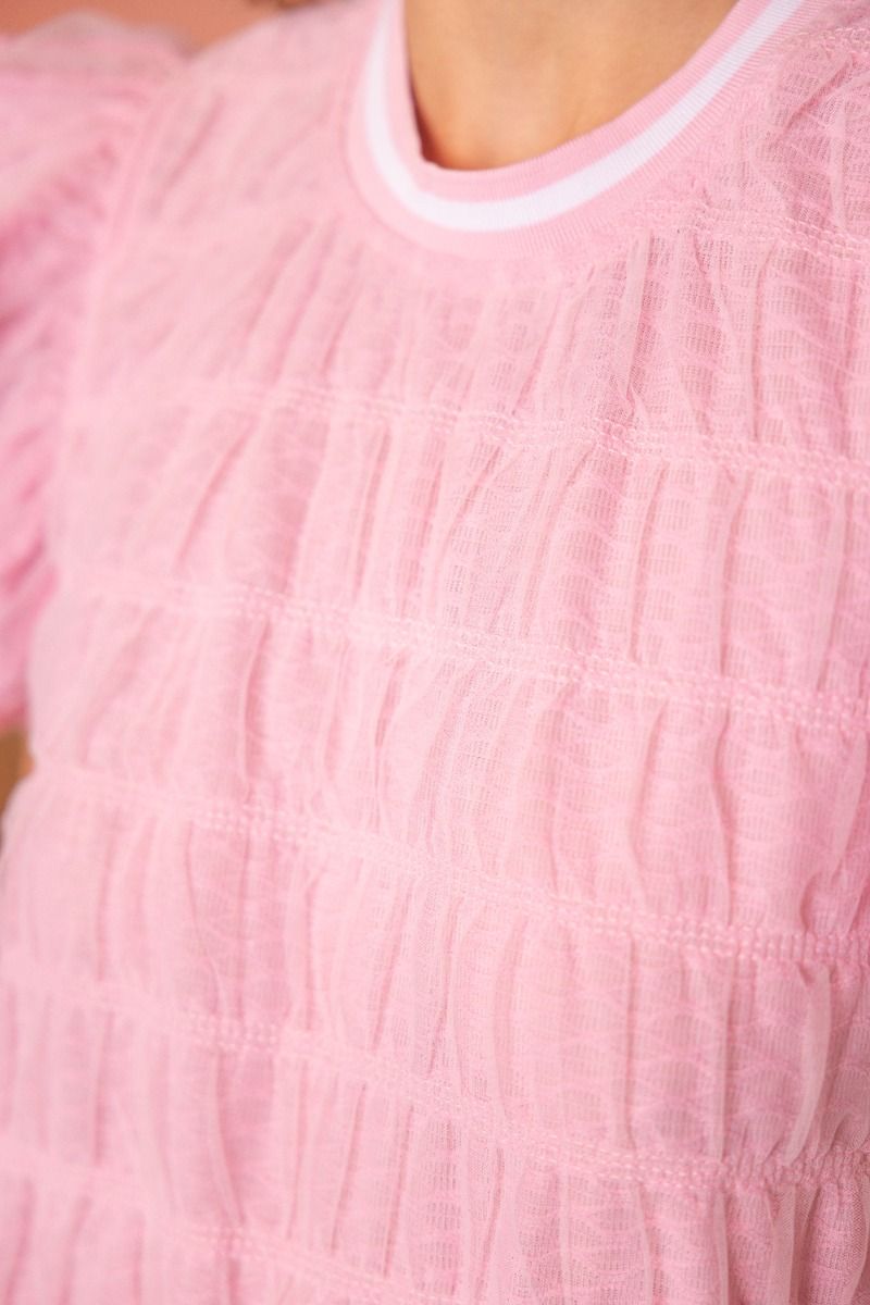 Smocked Tulle Ruffle Sleeve Stripe Band Top