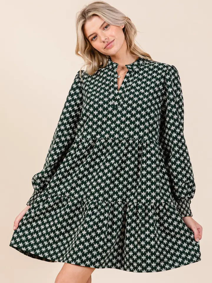 Green & White Star Print Dress
