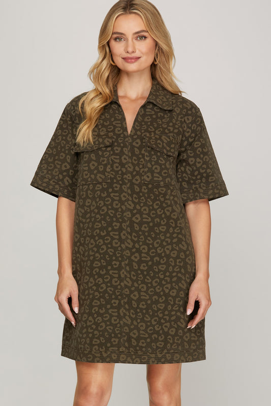 Brown Animal-Print Utility Dress