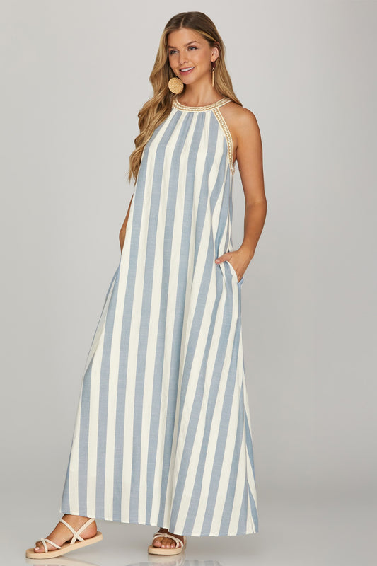 Seaside Stripes Sleeveless Halter Maxi Dress with Pockets