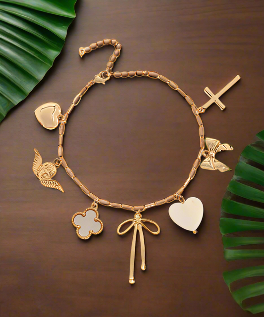 Gold Charm Bracelet with Heart & Bow