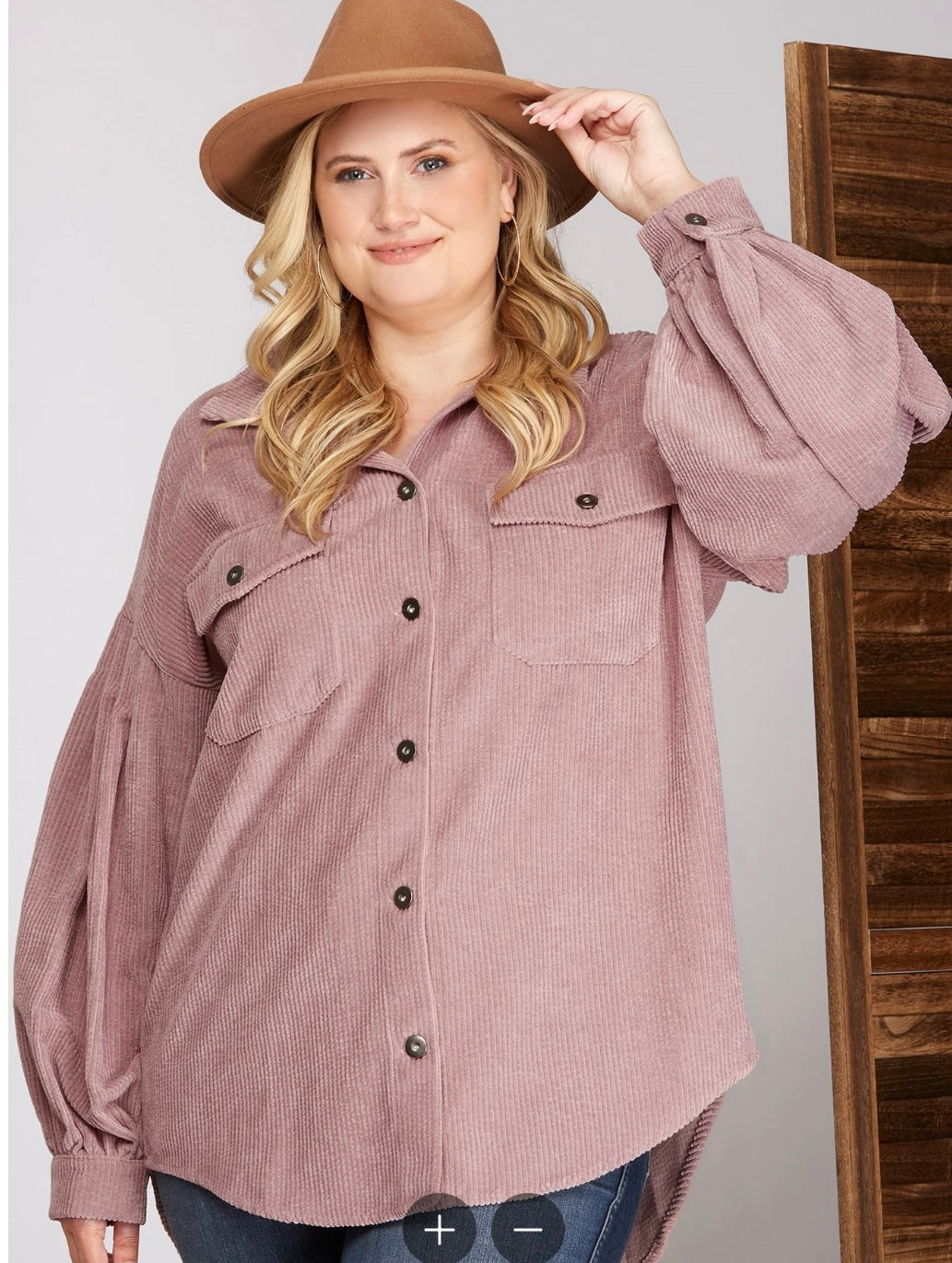 Mauve Corduroy Balloon Sleeve Button-Up Top