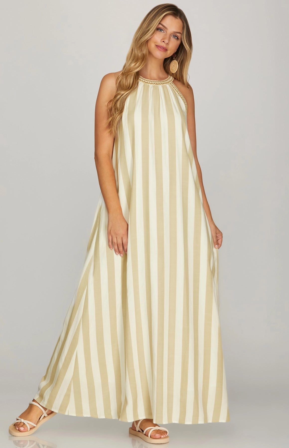 Seaside Stripes Sleeveless Halter Maxi Dress with Pockets