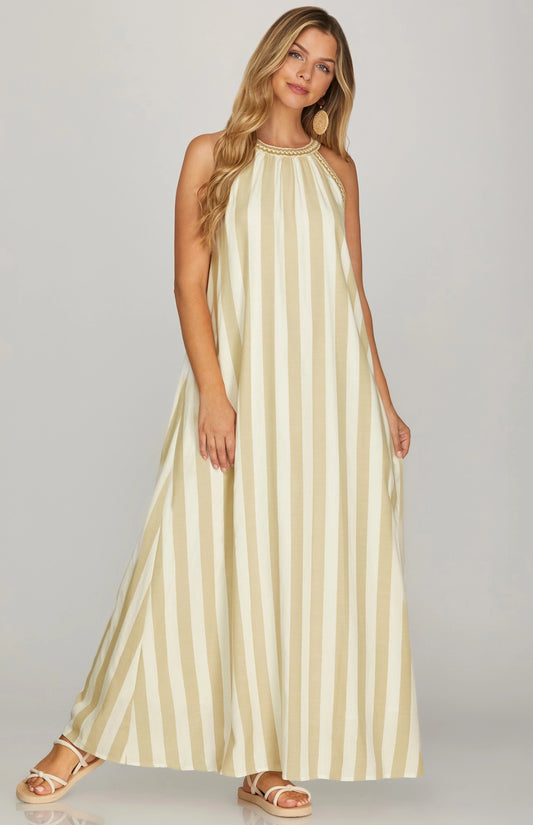 Seaside Stripes Sleeveless Halter Maxi Dress with Pockets