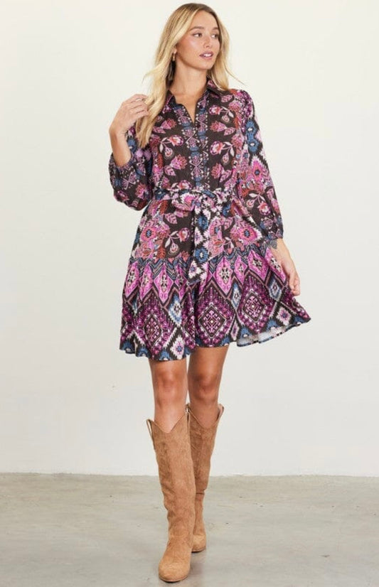 Border Print tie waist Dress