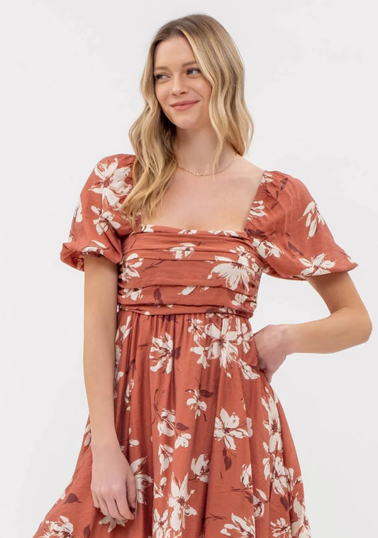 Rust Floral Puff Sleeve Midi Dress