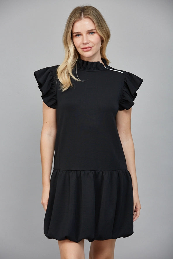 Zip Trim Ruffle High Neck Bubble Hem Dress