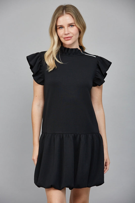 Zip Trim Ruffle High Neck Bubble Hem Dress