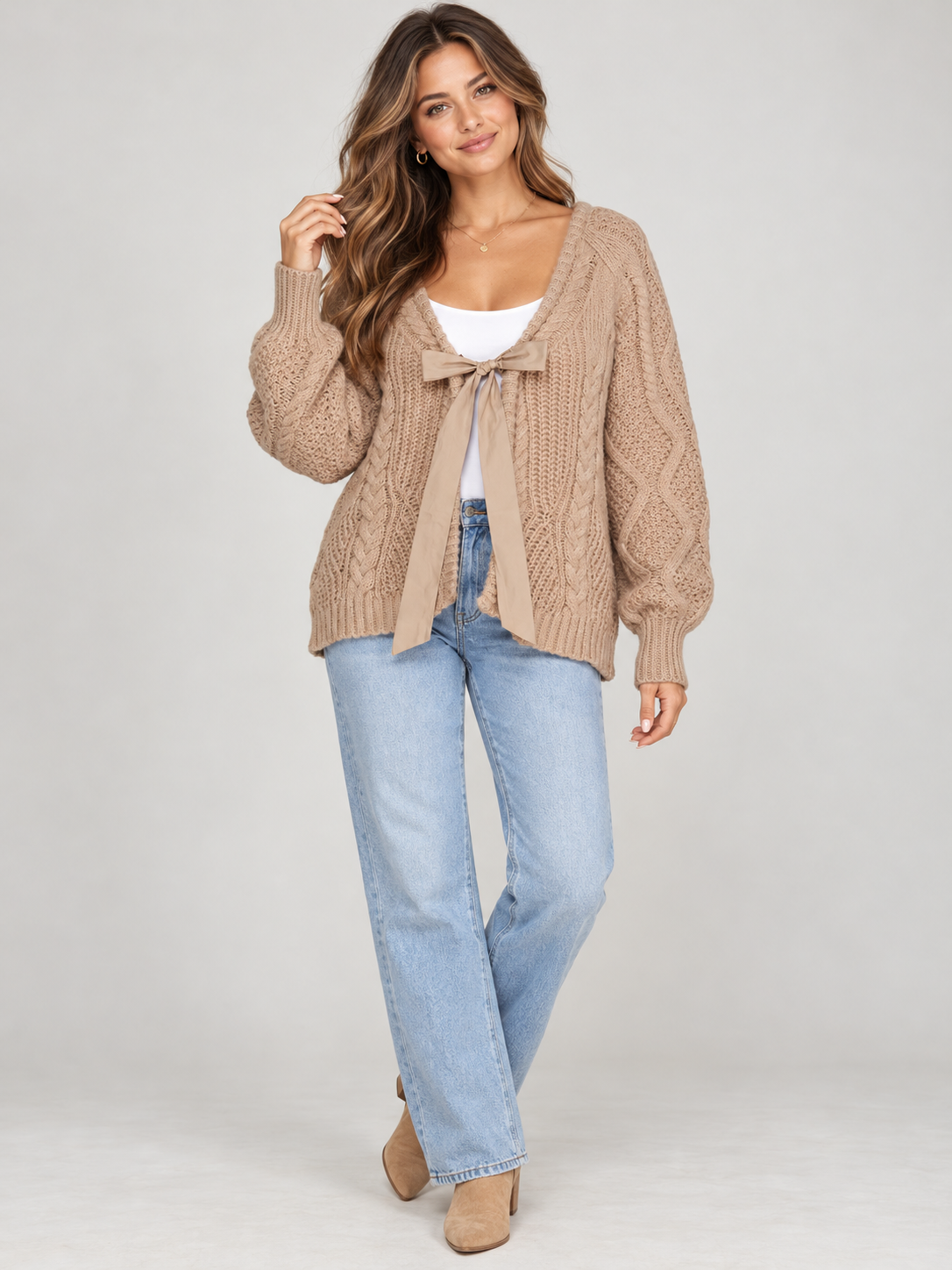 The Elowen Ribbon-Tie Cable Knit Sweater