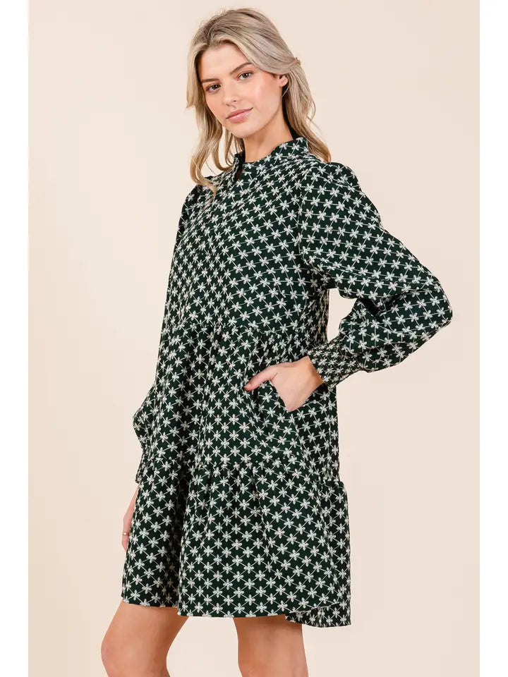 Green & White Star Print Dress