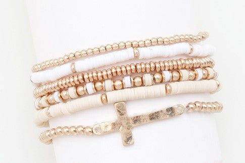 Cream and Gold Beads with Cross Set of 6 Stretch Bracelets