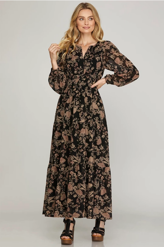 Long sleeve woven print dress