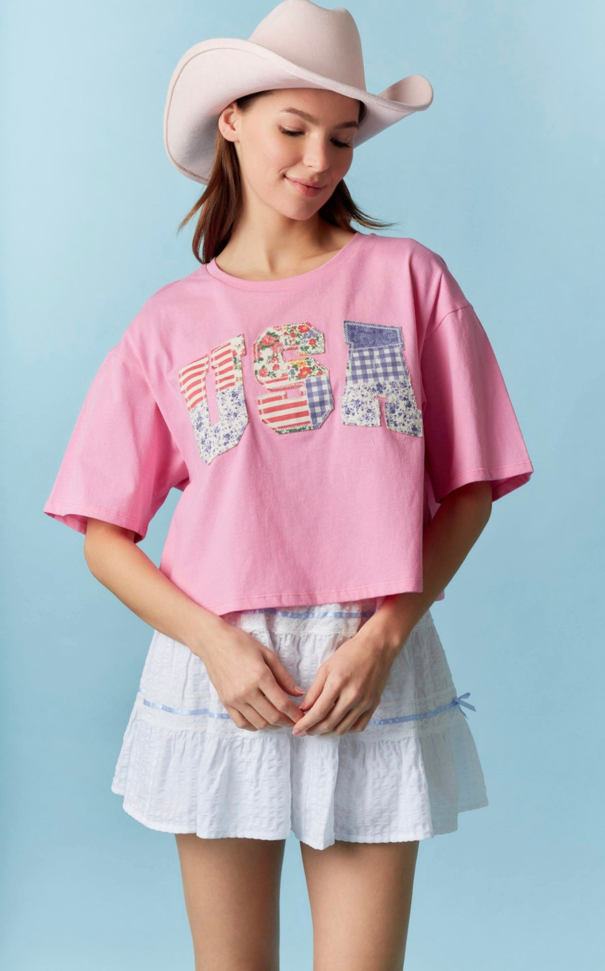 'Usa' Patchwork Detail Cotton Short Sleeve Cropped Top