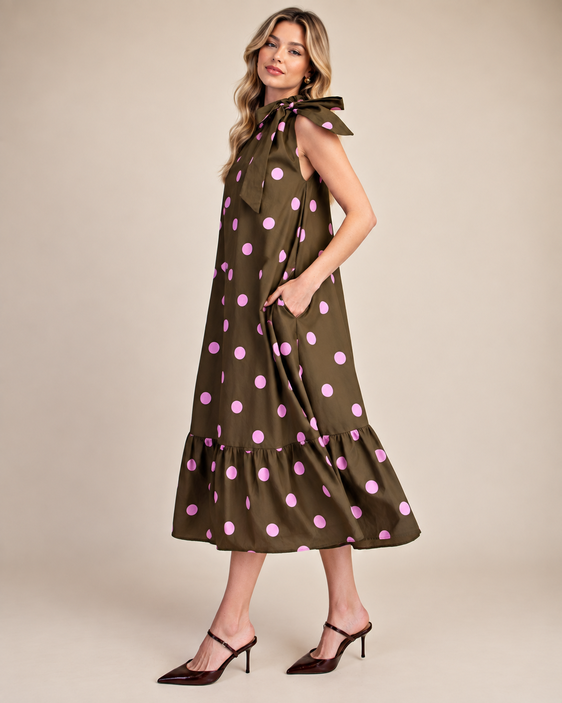 The Olive Blush Dot Midi Dress