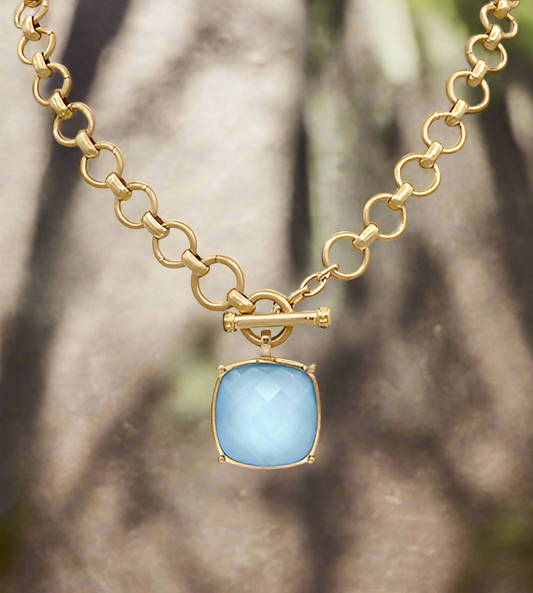 Gold Link Necklace with Aqua Blue  Pendant